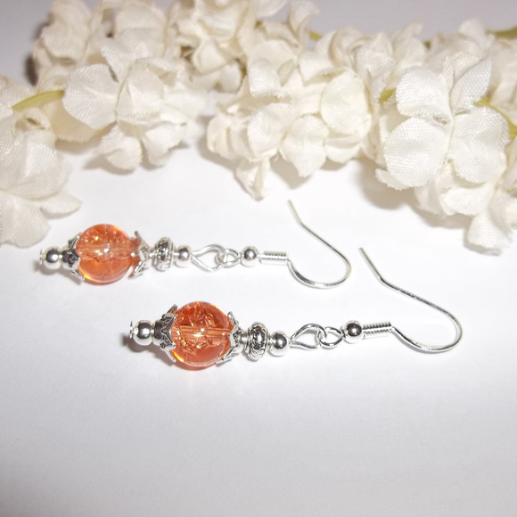 Earring Set Peach Orange Crackled Beaded Dangle Drop Beaded Woman Girl NWT 4598 - Picture 5 of 6